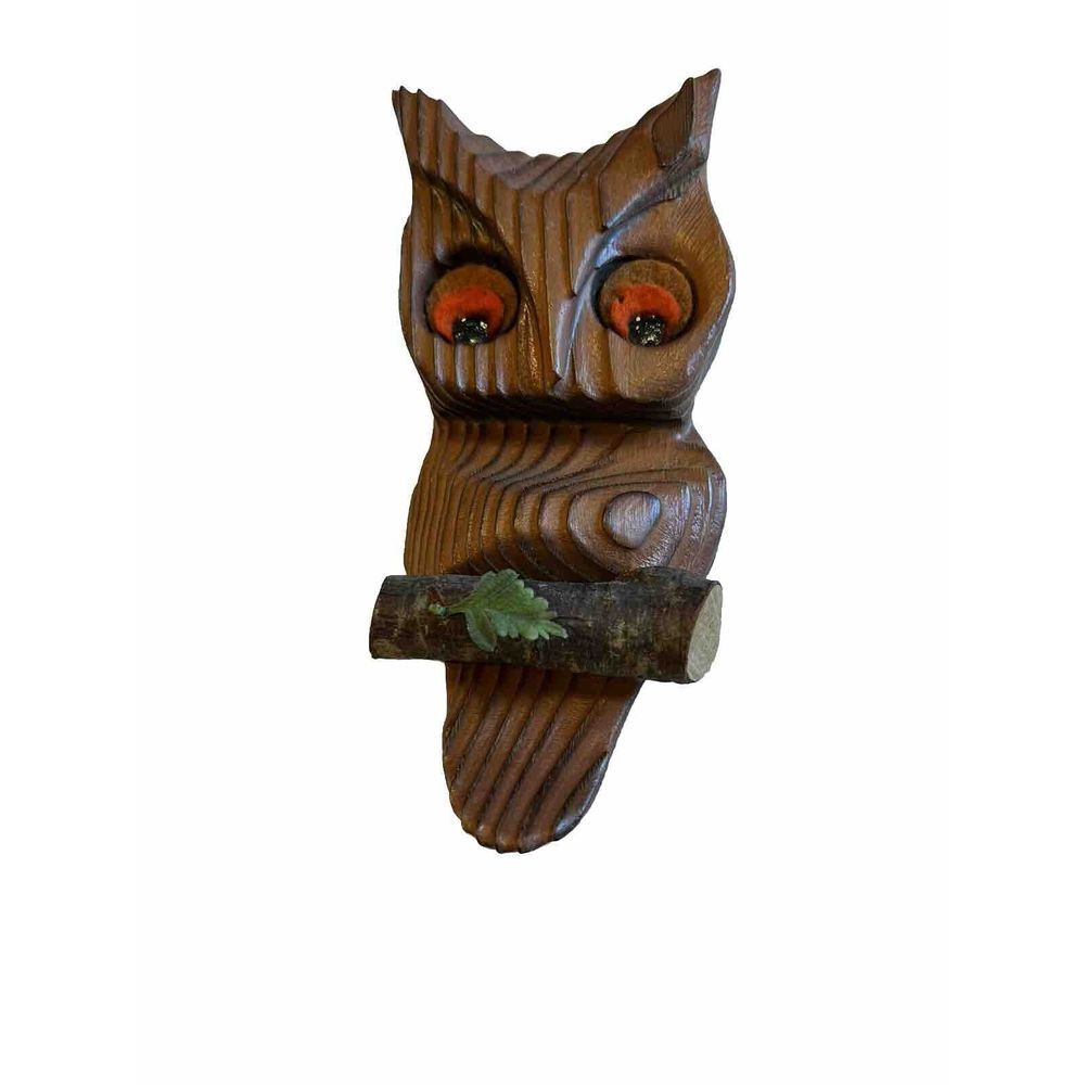 Vintage Wood Owl on Log Felt‎ Eyes Wall Hanging Art Carved Striped Retro